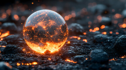 Glowing orb network amidst embers fiery rocks  Intricate connections within