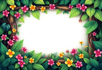 Rectangular and circular jungle vine frames with leaves and flowers, cartoon vector, greenery, game asset