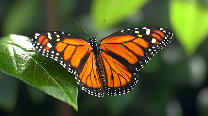 Fototapeta premium Detailed Monarch Butterfly Resting on Green Leaf with Orange Black Patterned Wings