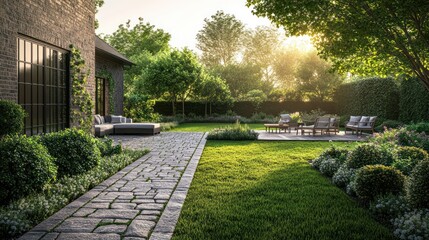 Obraz premium Tranquil outdoor space with a modern farmhouse