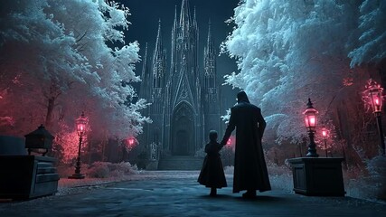Father and child walking towards a gothic castle entrance at night surrounded by snowy trees and red lanterns creating a mystical atmosphere - Powered by Adobe