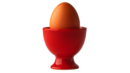 Brown egg in red ceramic cup, minimalist breakfast still life, kitchen table photography, morning food image