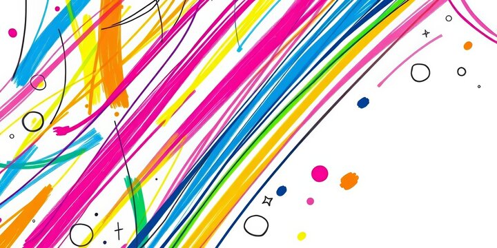Seamless pattern of colorful highlighter streaks and pen doodles on paper, lines, stationery