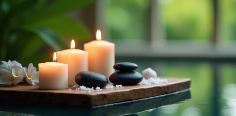 Serene spa ambiance with aromatic candles, sea salt, and natural stones on wooden tray, still life, stones