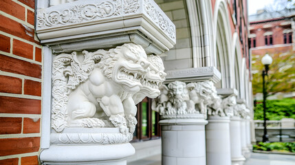 Obraz premium Stone lion statues adorn ornate building entrance; brick architecture and trees in background. Ideal for architectural, travel, or cultural publications