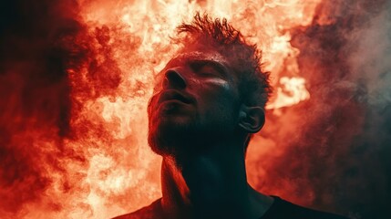 A man stands amidst red smoke with his eyes closed upward