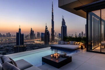 Luxurious Dubai penthouse with infinity pool overlooking the city skyline at dusk, showcasing modern architecture and urban elegance