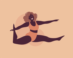 Plus size black curvy lady doing yoga class. Vector illustration isolated on white. Online home workout. Body positive. Attractive African overweight woman.