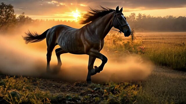 Majestic horse galloping through a sunlit field at sunset creating a dust cloud in the background