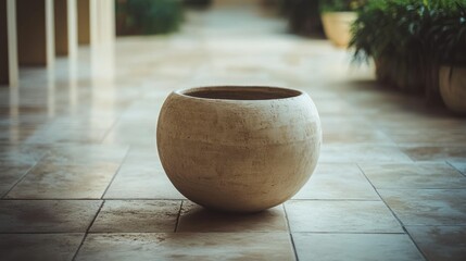 A large decorative empty round flower pot on tiled flooring