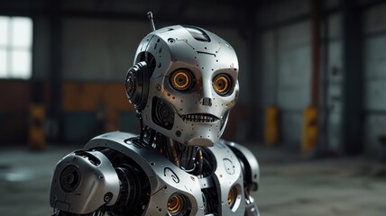 Robot head close-up, factory background