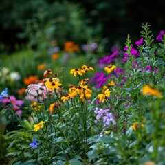 Colorful blooming wildflowers create a beautiful natural and organic garden view