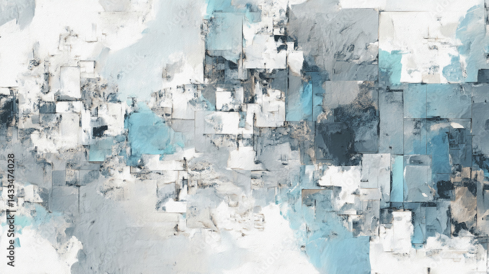 Poster abstract artwork featuring textured blue, gray, and white blocks, creating a dynamic and modern desi