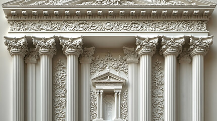 Naklejka premium Intricate white stone facade with columns ornate carvings and a central niche