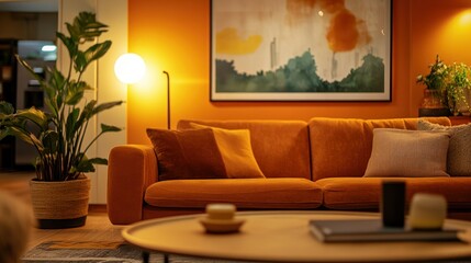 A warm living room with a modern sofa and artwork