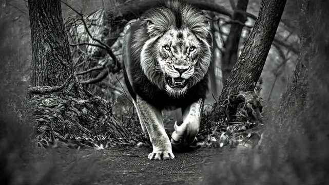 Majestic lion prowling through a dense forest, showcasing its power and natural habitat