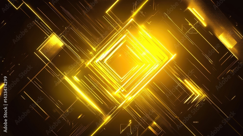Poster yellow geometric background with neon-inspired lines and abstract circular patterns