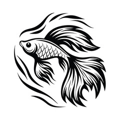Elegant Black and White Betta Fish Silhouette with Flowing Fins Design on White