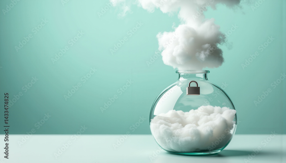 Poster a glass jar filled with white clouds and a lock on top. the jar is on a table and the clouds are flo