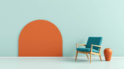 interior with blue armchair and orange wall, 3d render