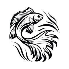 Minimalist Monochrome Fish Symbol with Flowing Fins, Tribal Style, Aquatic Theme