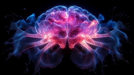 Obraz premium A brightly colored digital brain with neural connections shining against dark space. Scientific articles, educational materials, presentations about neuroscience.