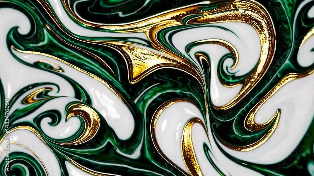 Poster dynamic fluid art with gold and green swirling patterns in motion