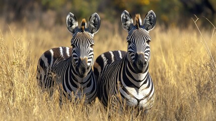 Fototapeta premium Two zebras in the savannah on a background of golden grass. Suitable for educational materials, articles about wildlife.