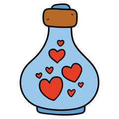 Hand drawn cartoon bottle with hearts on white background.