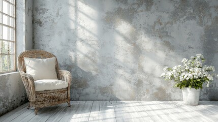 Serene Rustic Interior: White Flowers and Wicker Chair in Sunlit Room