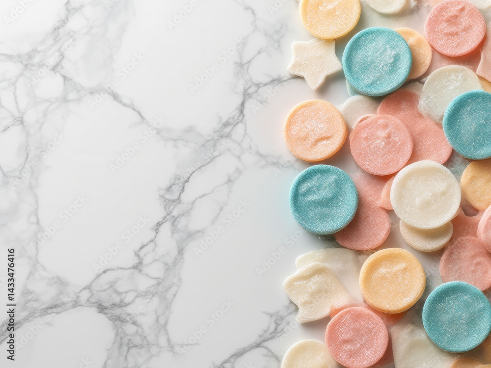 Poster a colorful assortment of candies are scattered across a marble countertop. the candies come in vario