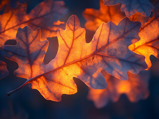Close up of backlit oak leaves showing intricate veins and textured surfaces in a warm glowing light