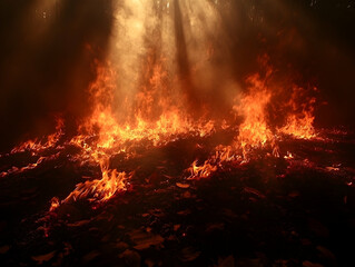 Fiery ground fire at night illuminated by beams of light Intense flames lick the ground creating a dramatic scene