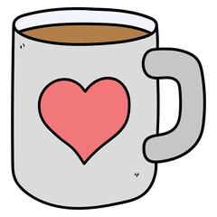 Hand drawn cartoon mug of coffee with heart on white background.