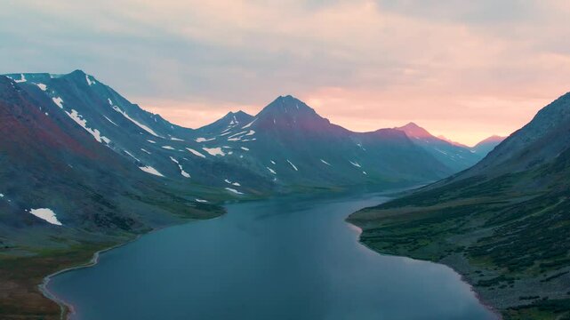 Summer landscape with mountains on sunset, Lake Hadata, Polar Urals, Yamal
