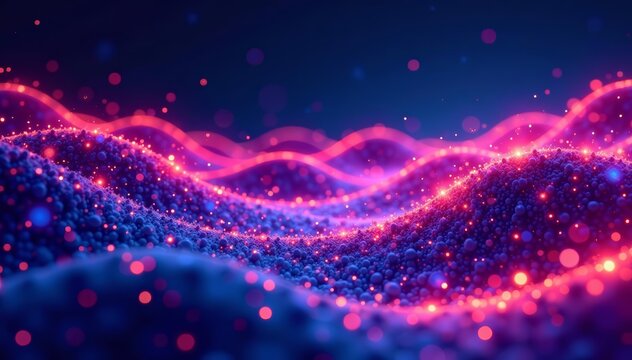 A surreal abstract landscape with glowing neon waves and sparkling particles, futuristic, digital