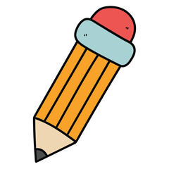 Hand drawn cartoon yellow pencil with eraser on white background.