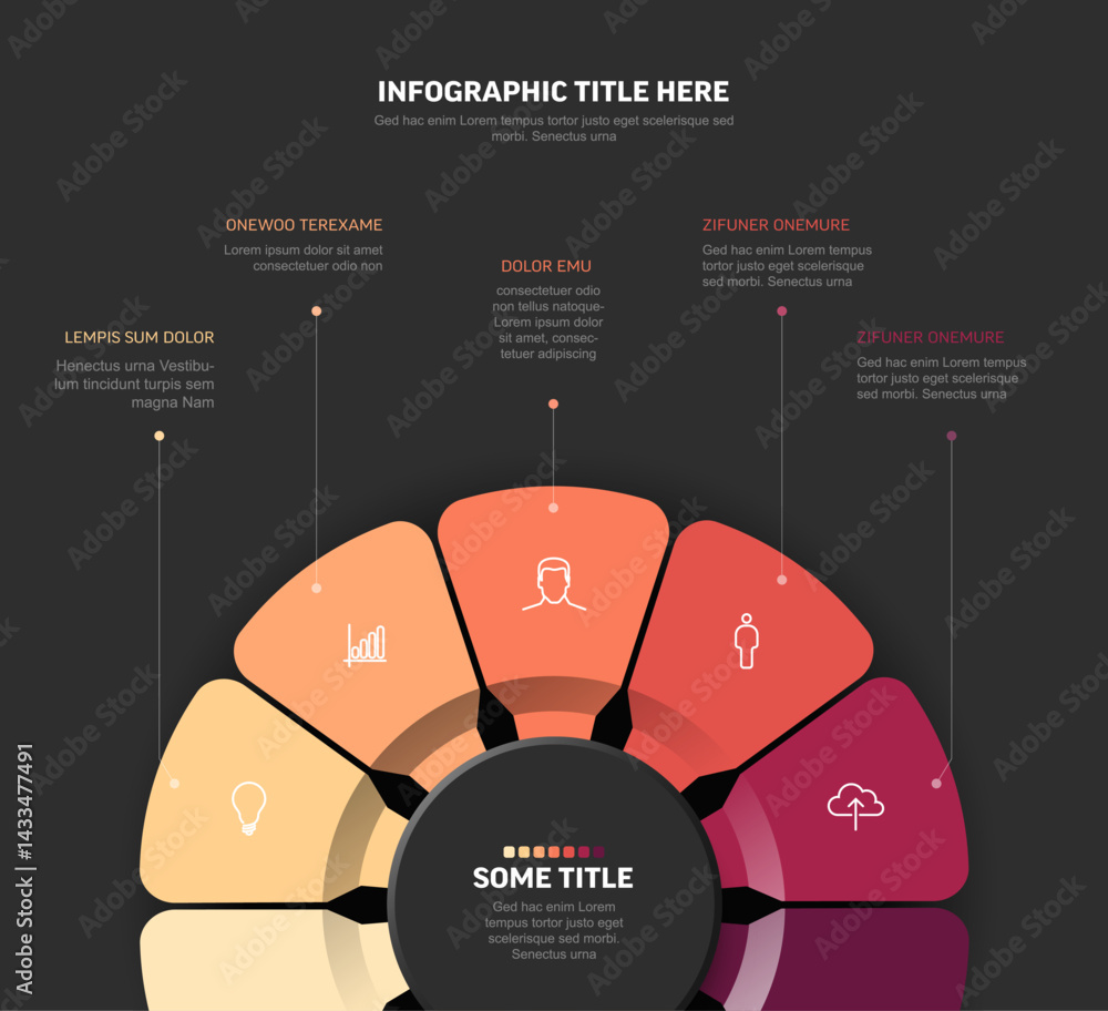 Poster a modern circular infographic featuring six segments with icons and text placeholders. the design hi