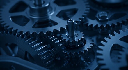 Gears Turning Close-up Dark Blue Toned Mechanical System