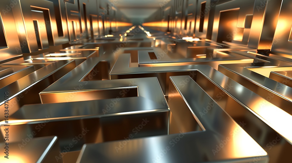 Poster perspective view looking into a complex, reflective metallic maze or labyrinth structure. concept of