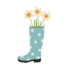 Bouquet of daffodils in a rubber waterproof boot. Spring composition with flowers. Vector illustration. 