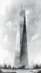 Skyscraper sketch grey tones trees cloudy sky