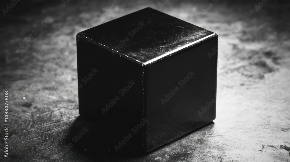 Poster a single glossy black cube placed on a textured background surface