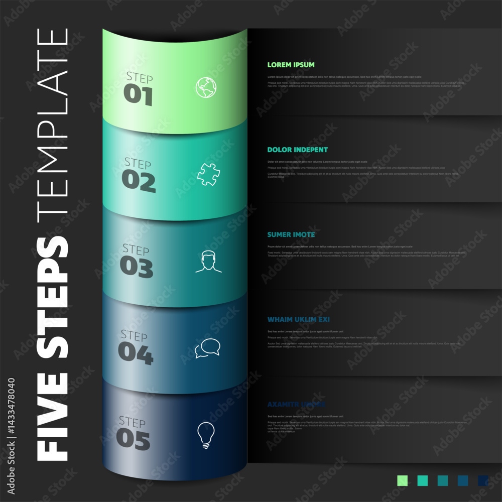 Poster a vibrant five-step infographic template with gradient colors. each step is highlighted with a uniqu