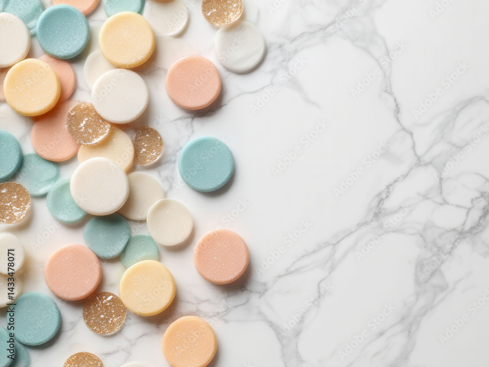 Poster a colorful assortment of candies are scattered across a white marble countertop. the candies come in