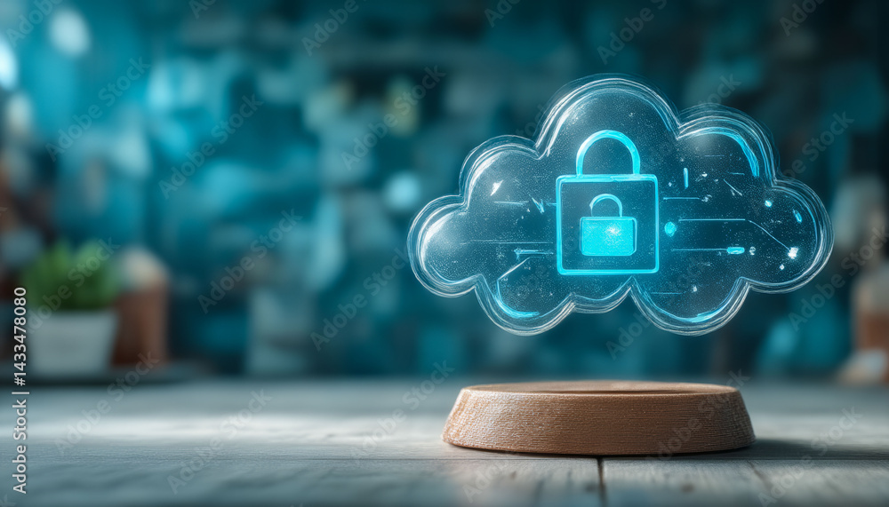 Poster a cloud with a lock on it is floating above a wooden table. the lock is blue and the cloud is clear.