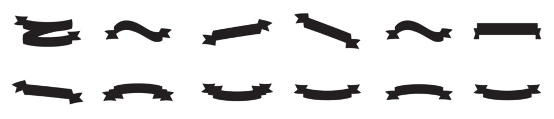 Set of ribbon banners, black silhouettes, vintage design elements, scrolls and ribbons, retro style graphics, decorative labels, curved banners, vector illustration.