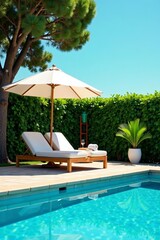 Tranquil summer poolside scene with sunbed, umbrella, and ring, background, sunny