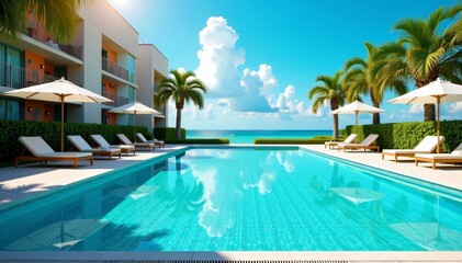 Tranquil swimming pool with blue water, lounge chairs, and umbrellas, getaway, serene