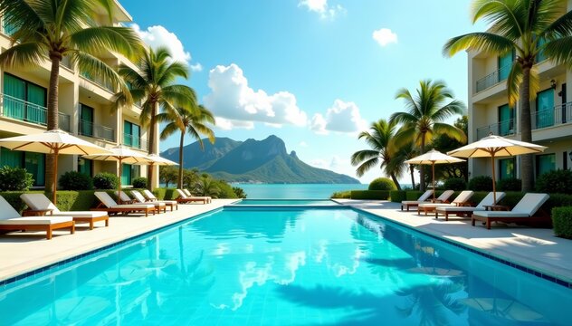 Tranquil swimming pool with blue water, lounge chairs, and umbrellas, recreation, poolside, vacation - Powered by Adobe